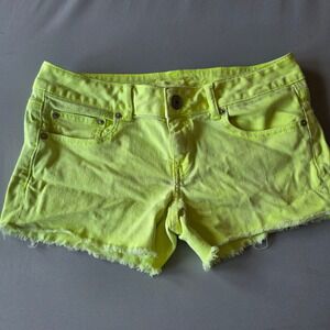 American Eagle 8 Mini Neon Yellow Green Stretch Denim Shorts‎ Frayed Hem Women's